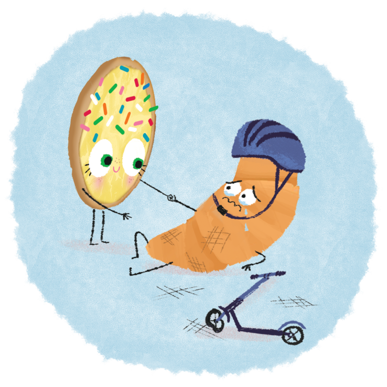 A sprinkle cookie helps a croissant wearing a helmet who has fallen off of a scooter