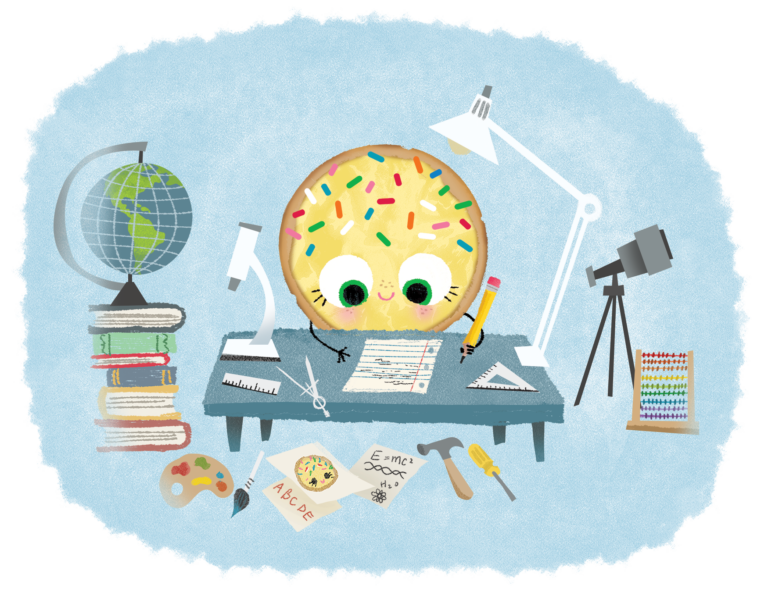 A sprinkle cookie sits at a desk and completes homework while surrounded by books and tools