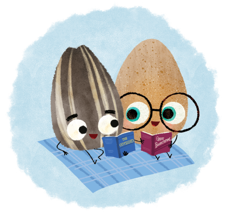 An egg reading 'Great Eggspectations' sits on a plaid blanket with a seed reading 'The Odysseed'