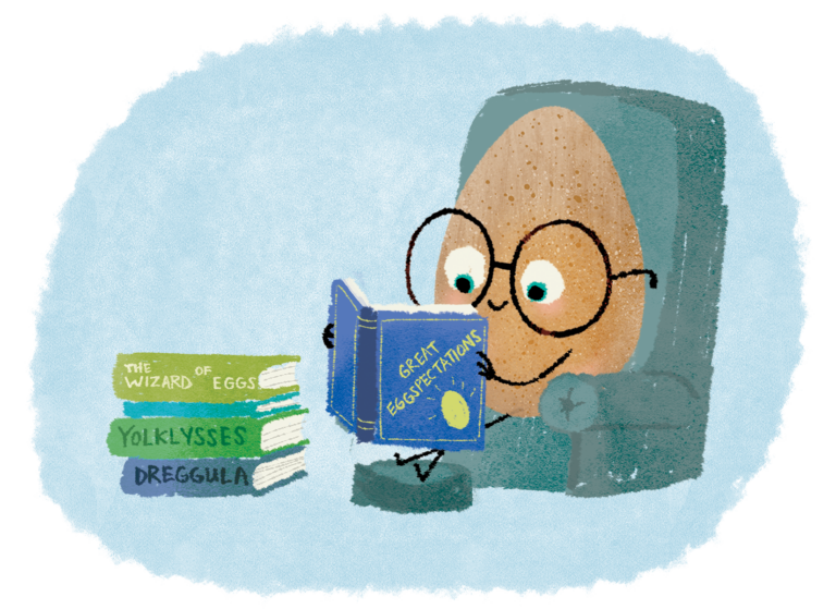 An egg with glasses sits in an armchair reading the book 'Great Eggspectations', next to a stack of books including 'The Wizard of Eggs', 'Yolklysses', and 'Dreggula'