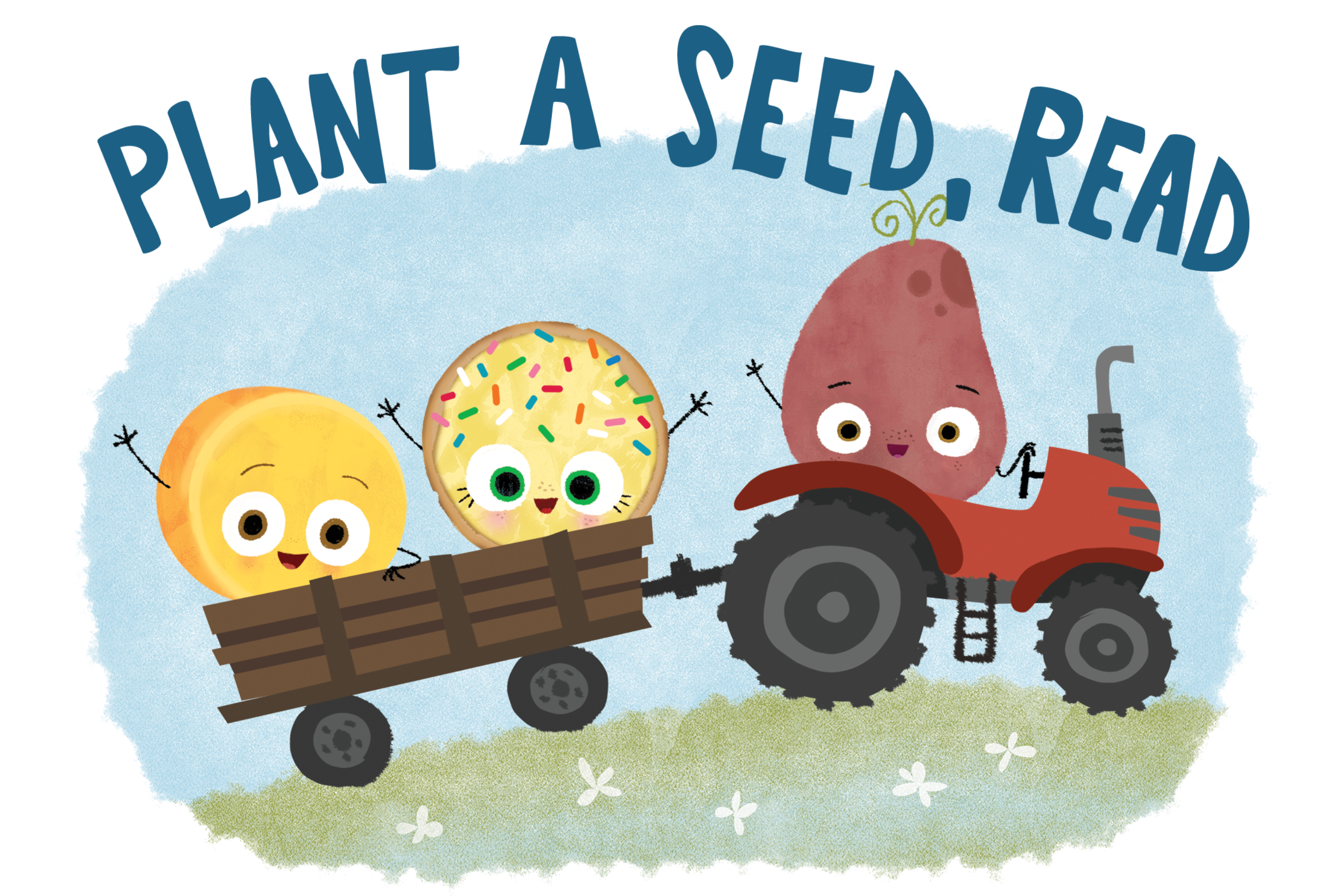 A sprinkle cookie and a wheel of cheese ride in a tractor wagon driven by a potato